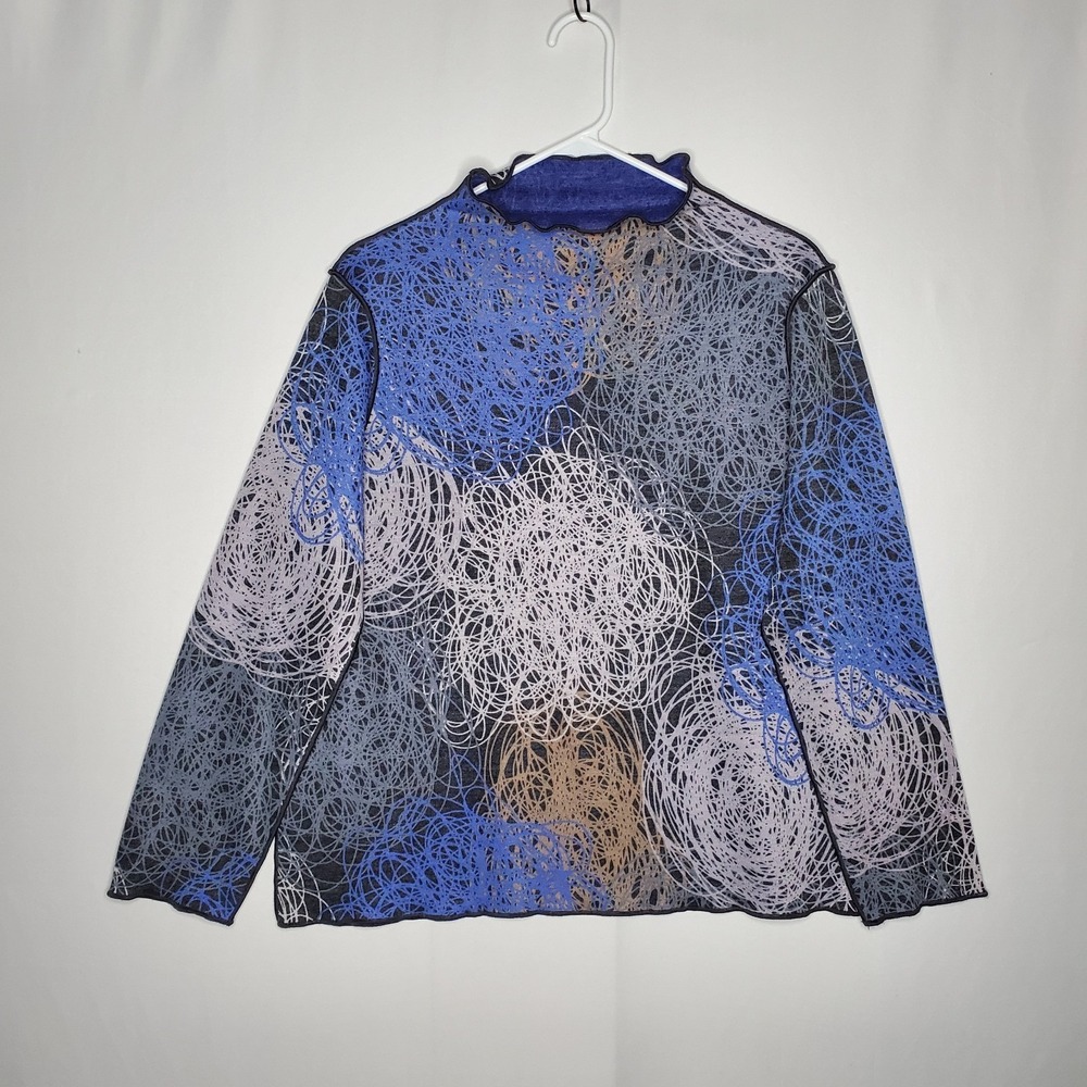 Trisha Tyler Reversible Mock Sweater Women XL Blue Lattice Hem Abstract Artsy